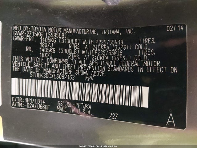 5TDDK3DCXES082163 Toyota Sienna Xle 7 Passenger