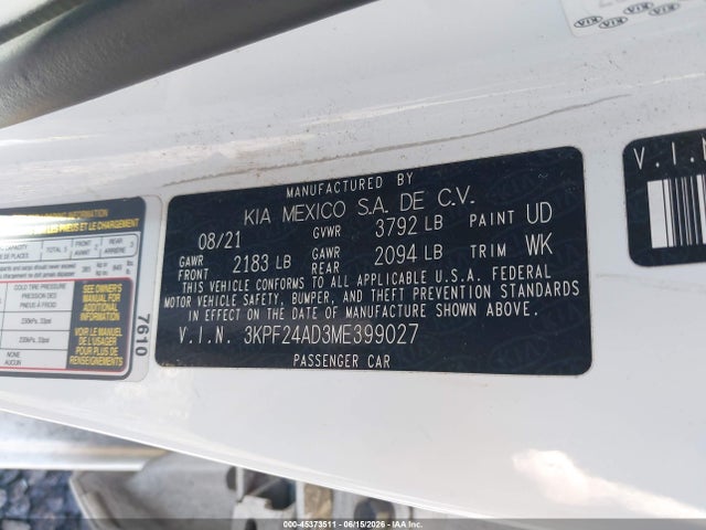 2021 Kia Forte Lxs მანქანა იყიდება აუქციონზე, vin: 3KPF24AD3ME399027, აუქციონის ნომერი: 45373511
