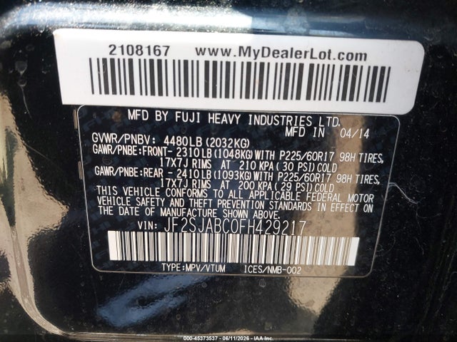Aukcja sprzedaży 2015 Subaru Forester 2.5i, vin: JF2SJABC0FH429217, numer aukcji: 45373537