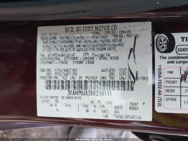 Продажа на аукционе авто 2011 Ford Fusion Sel, vin: 3FAHP0JA3BR258141, номер лота: 45373548