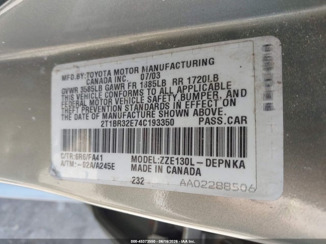 Aukcja sprzedaży 2004 Toyota Corolla Le, vin: 2T1BR32E74C193350, numer aukcji: 45373550