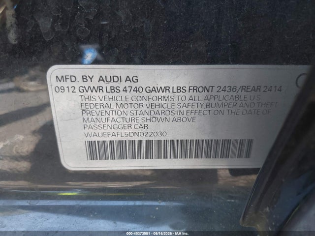 2013 Audi A4 2.0t Premium მანქანა იყიდება აუქციონზე, vin: WAUEFAFL5DN022030, აუქციონის ნომერი: 45373551