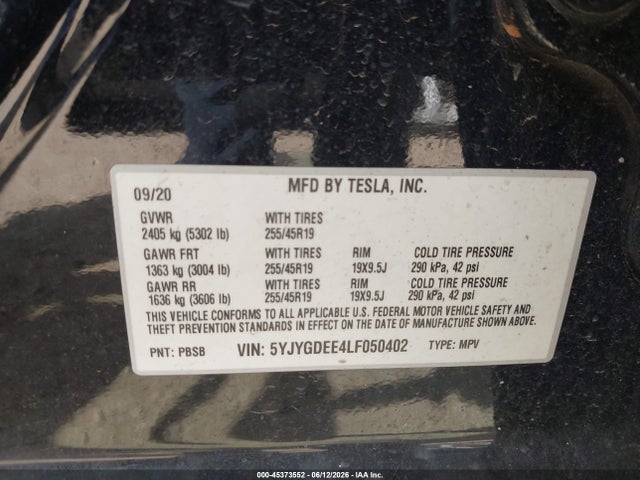 45373552 :رقم المزاد ، 5YJYGDEE4LF050402 vin ، 2020 Tesla Model Y Long Range Dual Motor All-wheel Drive مزاد بيع