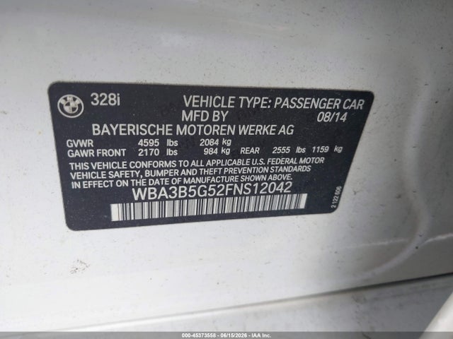 45373558 :رقم المزاد ، WBA3B5G52FNS12042 vin ، 2015 Bmw 328i Xdrive مزاد بيع