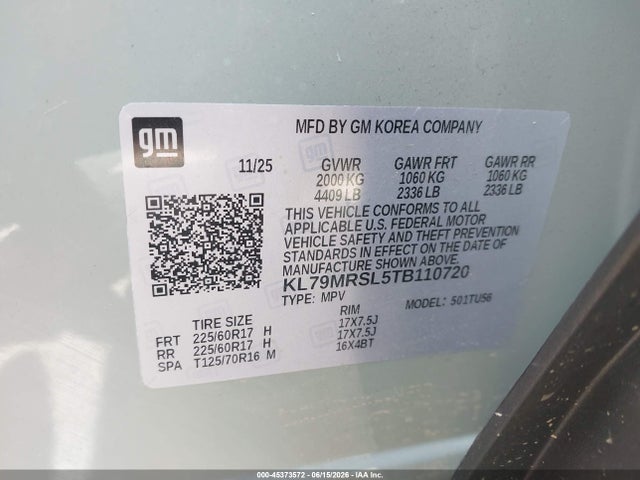 Aukcja sprzedaży 2026 Chevrolet Trailblazer Awd Lt, vin: KL79MRSL5TB110720, numer aukcji: 45373572