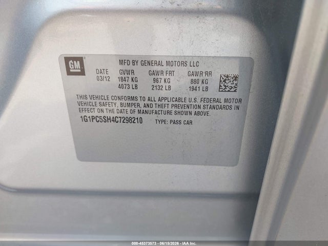 Продаж на аукціоні авто 2012 Chevrolet Cruze Ls, vin: 1G1PC5SH4C7298210, номер лоту: 45373573