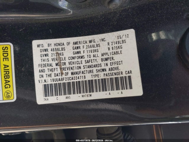 2012 Acura Tl 3.5 მანქანა იყიდება აუქციონზე, vin: 19UUA8F20CA034719, აუქციონის ნომერი: 45373579
