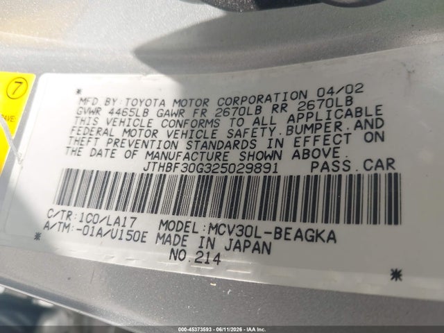 Aukcja sprzedaży 2002 Lexus Es 300, vin: JTHBF30G325029891, numer aukcji: 45373593