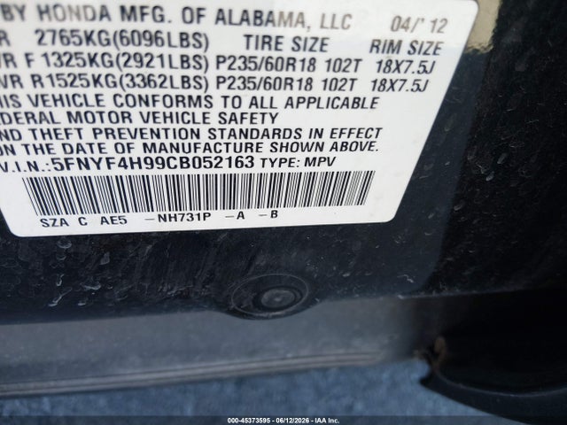 Auction sale of the 2012 Honda Pilot Touring, vin: 5FNYF4H99CB052163, lot number: 45373595