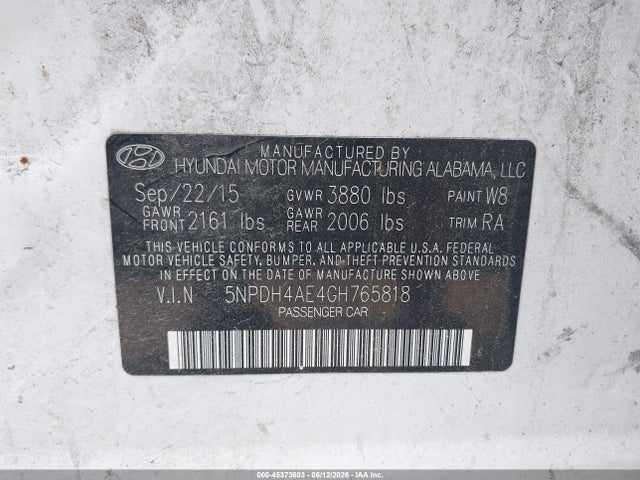2016 Hyundai Elantra Se მანქანა იყიდება აუქციონზე, vin: 5NPDH4AE4GH765818, აუქციონის ნომერი: 45373603