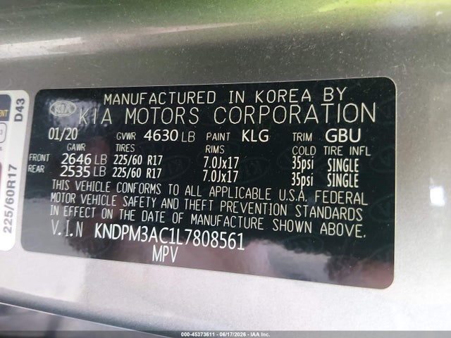 2020 Kia Sportage Lx მანქანა იყიდება აუქციონზე, vin: KNDPM3AC1L7808561, აუქციონის ნომერი: 45373611