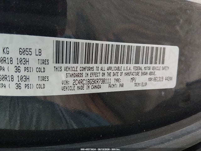 45373624 :رقم المزاد ، 2C4RC1BG5KR738111 vin ، 2019 Chrysler Pacifica Touring L مزاد بيع