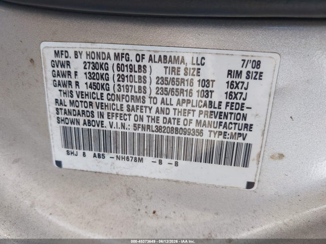 45373649 :رقم المزاد ، 5FNRL38208B099356 vin ، 2008 Honda Odyssey Lx مزاد بيع