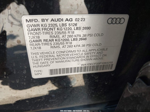 Aukcja sprzedaży 2023 Audi Q3 Premium 45 Tfsi S Line Quattro Tiptronic, vin: WA1DECF33P1093259, numer aukcji: 45373668