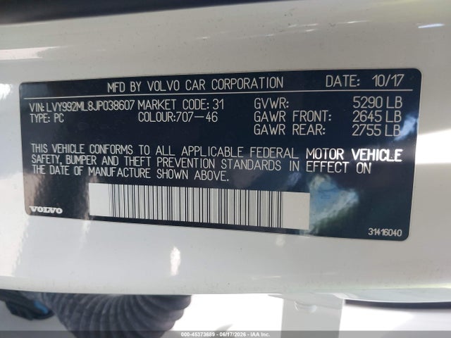 Aukcja sprzedaży 2018 Volvo S90 T6 Inscription, vin: LVY992ML8JP038607, numer aukcji: 45373689