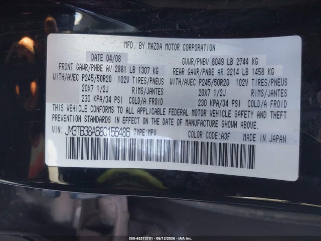 2008 Mazda Cx-9 Grand Touring მანქანა იყიდება აუქციონზე, vin: JM3TB38A680156486, აუქციონის ნომერი: 45373701