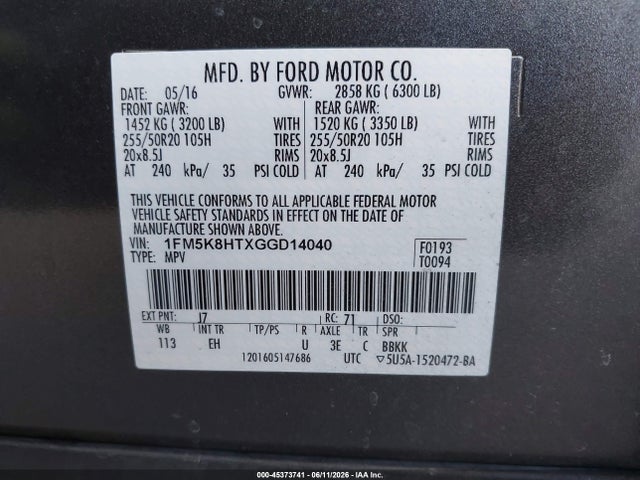 Ford Explorer Platinum 2016 1FM5K8HTXGGD14040 Image 9