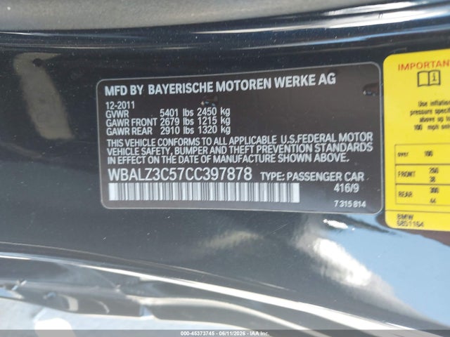 Продаж на аукціоні авто 2012 Bmw 650i, vin: WBALZ3C57CC397878, номер лоту: 45373745