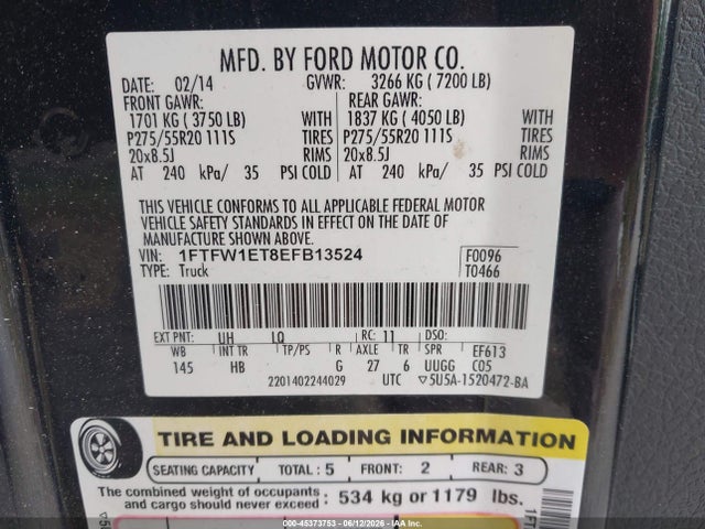 Aukcja sprzedaży 2014 Ford F-150 Lariat, vin: 1FTFW1ET8EFB13524, numer aukcji: 45373753