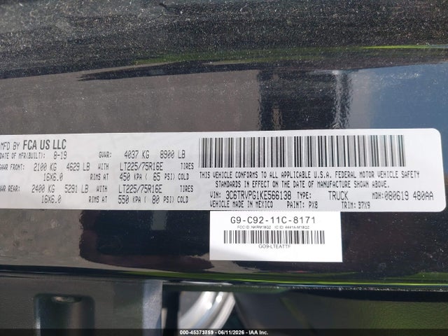 45373759 :رقم المزاد ، 3C6TRVPG1KE566138 vin ، 2019 Ram Promaster 2500 Window Van High Roof 159 Wb مزاد بيع
