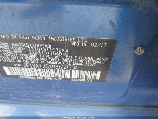 Продажа на аукционе авто 2017 Subaru Wrx Limited, vin: JF1VA1J6XH8838504, номер лота: 45373763