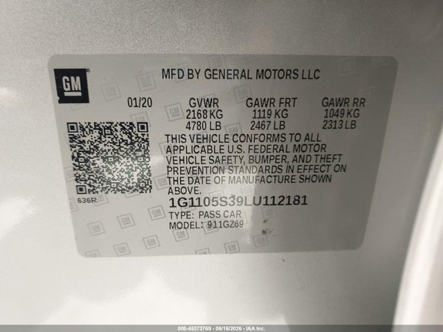 Aukcja sprzedaży 2020 Chevrolet Impala Fwd Premier, vin: 1G1105S39LU112181, numer aukcji: 45373769