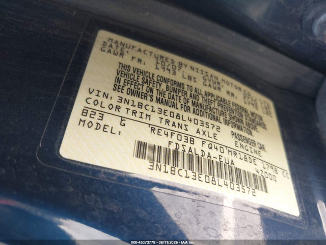 Продажа на аукционе авто 2008 Nissan Versa 1.8 S, vin: 3N1BC13E08L403572, номер лота: 45373778