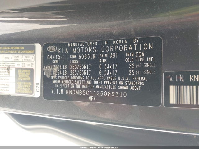 2016 Kia Sedona Lx მანქანა იყიდება აუქციონზე, vin: KNDMB5C11G6089310, აუქციონის ნომერი: 45373781
