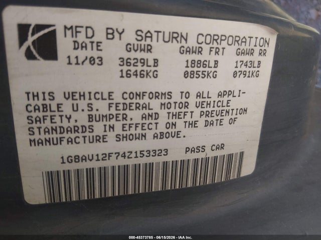 Aukcja sprzedaży 2004 Saturn Ion 3, vin: 1G8AV12F74Z153323, numer aukcji: 45373785