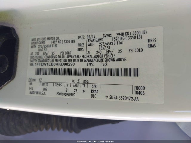 Aukcja sprzedaży 2019 Ford F-150 Xlt, vin: 1FTEW1EB0KKD98290, numer aukcji: 45373797