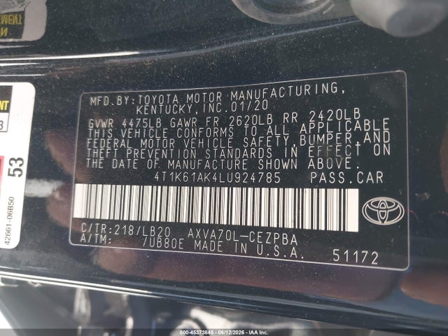 Toyota CAMRY XSE 2020 4T1K61AK4LU924785 Image 9