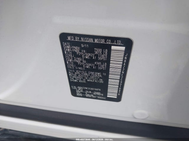 45373846 :رقم المزاد ، JN8AZ2NE2C9016876 vin ، 2012 Infiniti Qx56 مزاد بيع