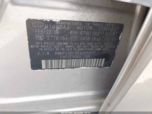 Aukcja sprzedaży 2006 Hyundai Azera Limited/se, vin: KMHFC46F86A089870, numer aukcji: 45373850
