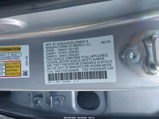 Продажа на аукционе авто 2025 Honda Accord Se, vin: 1HGCY1F47SA046249, номер лота: 45373859