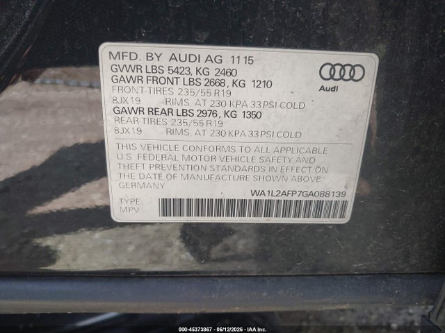 45373867 :رقم المزاد ، WA1L2AFP7GA088139 vin ، 2016 Audi Q5 2.0t Premium مزاد بيع