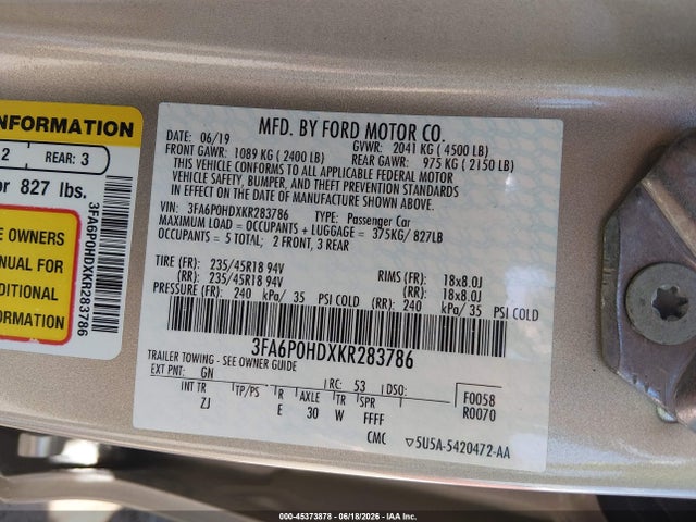 2019 Ford Fusion Se მანქანა იყიდება აუქციონზე, vin: 3FA6P0HDXKR283786, აუქციონის ნომერი: 45373878
