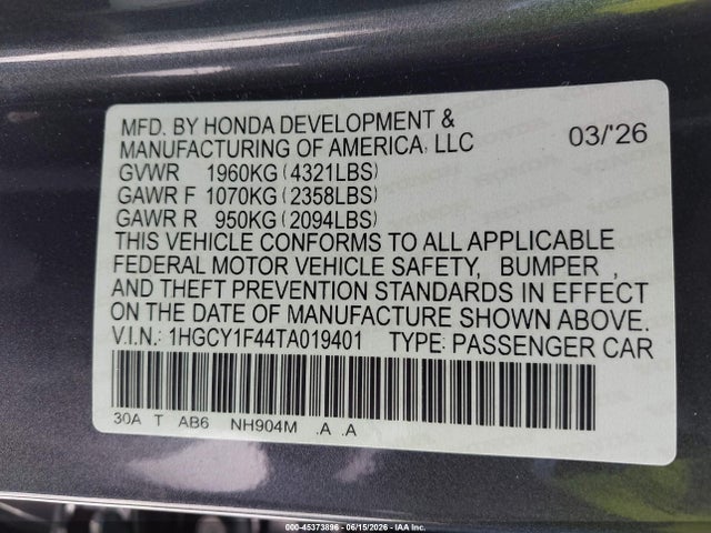1HGCY1F44TA019401 Honda ACCORD SE