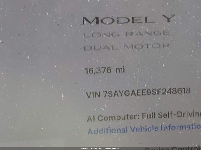 Auction sale of the 2025 Tesla Model Y Long Range Dual Motor All-wheel Drive, vin: 7SAYGAEE9SF248618, lot number: 45373899