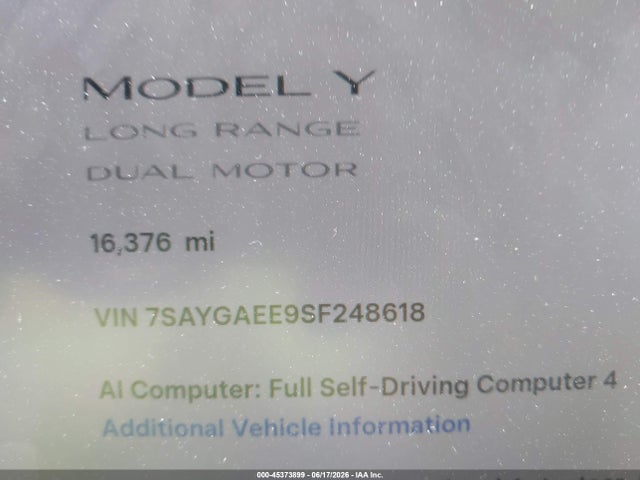 Auction sale of the 2025 Tesla Model Y Long Range Dual Motor All-wheel Drive, vin: 7SAYGAEE9SF248618, lot number: 45373899