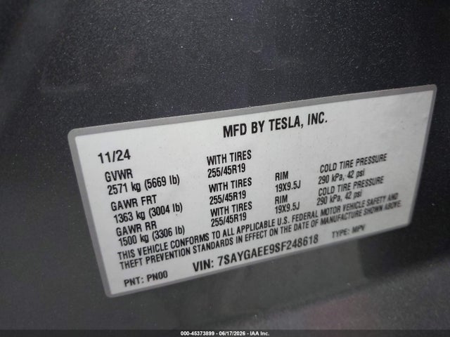 Auction sale of the 2025 Tesla Model Y Long Range Dual Motor All-wheel Drive, vin: 7SAYGAEE9SF248618, lot number: 45373899