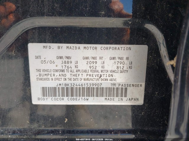 Продажа на аукционе авто 2006 Mazda Mazda3 S Touring, vin: JM1BK324461539907, номер лота: 45373910