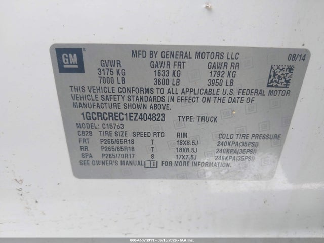 Auction sale of the 2014 Chevrolet Silverado 1500 Lt, vin: 1GCRCREC1EZ404823, lot number: 45373911