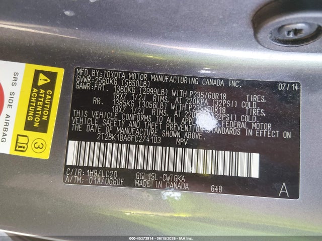 45373914 :رقم المزاد ، 2T2BK1BA6FC274103 vin ، 2015 Lexus Rx 350 مزاد بيع