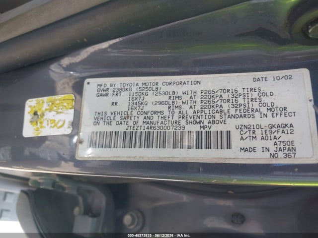Aukcja sprzedaży 2003 Toyota 4runner Sr5 V8, vin: JTEZT14R630007239, numer aukcji: 45373925
