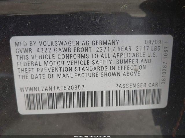Продажа на аукционе авто 2010 Volkswagen Cc Sport, vin: WVWNL7AN1AE520857, номер лота: 45373926