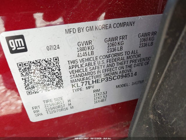 KL77LHEP3SC094514 Chevrolet Trax Fwd Lt
