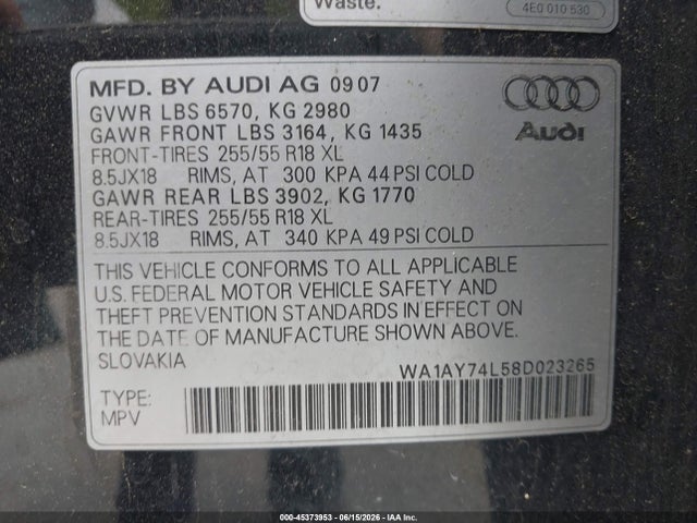 Aukcja sprzedaży 2008 Audi Q7 3.6, vin: WA1AY74L58D023265, numer aukcji: 45373953