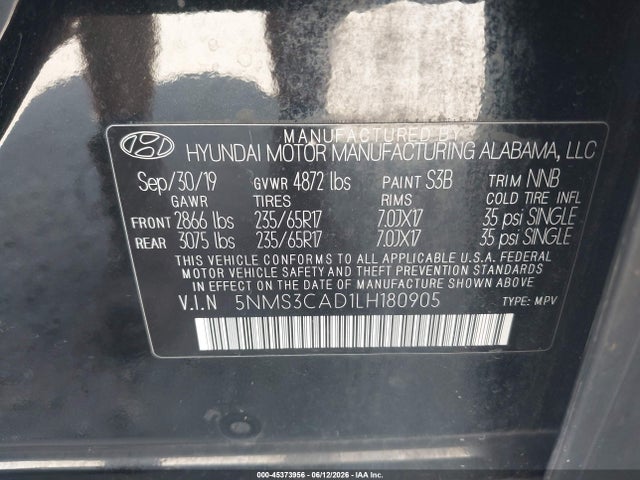 Продажа на аукционе авто 2020 Hyundai Santa Fe Sel, vin: 5NMS3CAD1LH180905, номер лота: 45373956