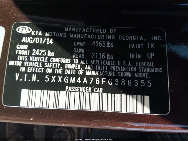 2015 Kia Optima Lx მანქანა იყიდება აუქციონზე, vin: 5XXGM4A76FG386355, აუქციონის ნომერი: 45373995