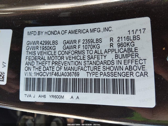 Honda ACCORD EX 2018 1HGCV1F46JA036769 Image 9